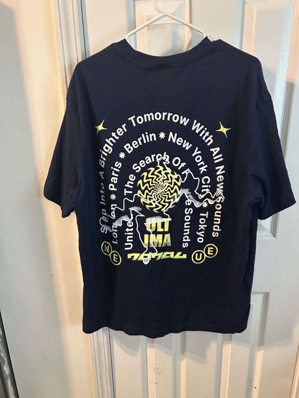 H&M Navy Short Sleeve Graphic Tee with Yellow & White Print